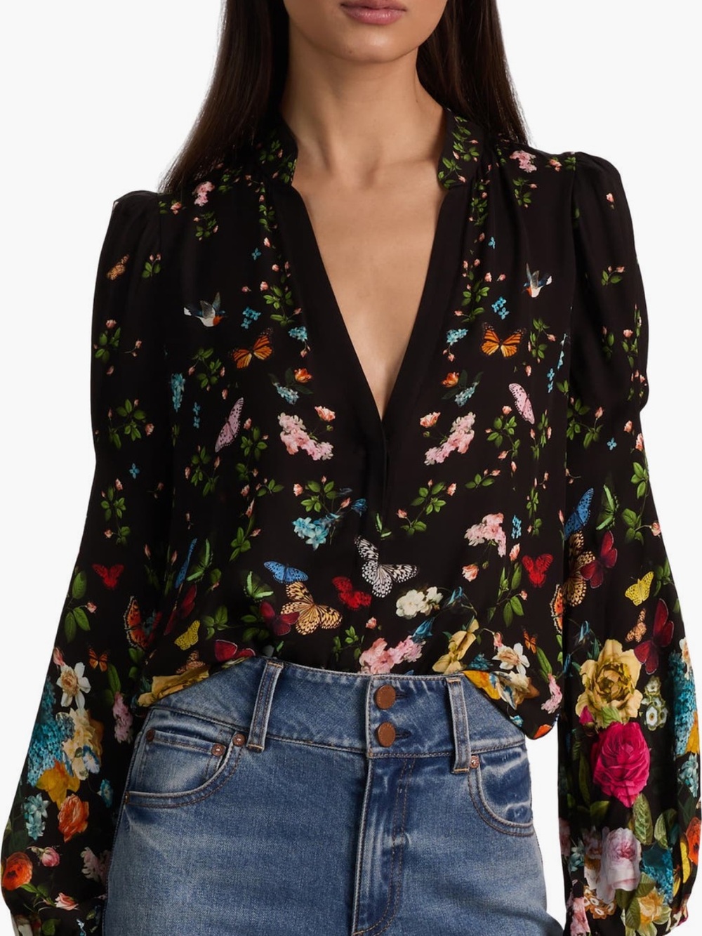 Alice + Olivia Black Floral & Butterfly V-Neck Blouse